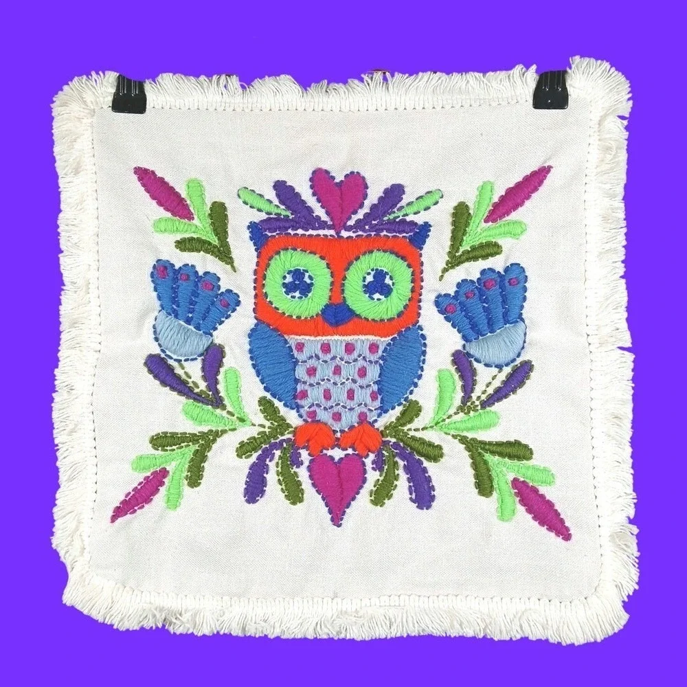 Vintage Embroidered Owl Crewel Pillow Cover 15x15 White Boho Decor